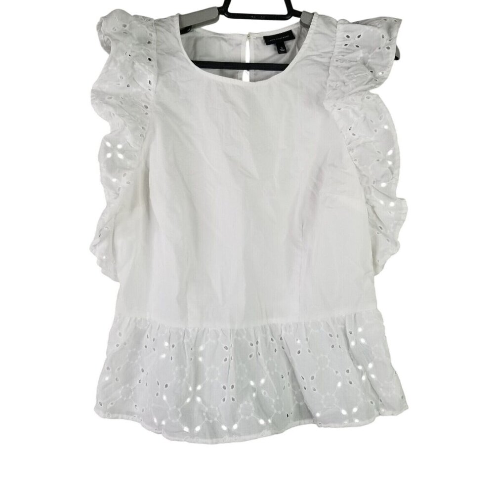 Womens Who What Wear White Eyelet Ruffle Sleeve Blouse Top Cotton Size S